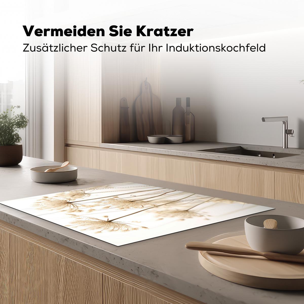 HERDABDECKPLATTE Blumen - Weiß - Sonnenlicht Induktionsmatte 77x59 cm - Ecru, Kunststoff (77/59/0.2cm) - MuchoWow