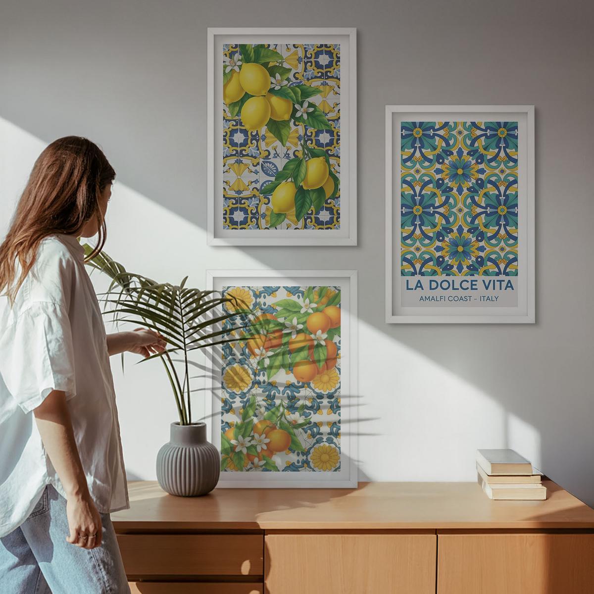 BILDER SET 3er Set - 40x60 cm Weißer Rahmen - Zitronen, Orangen, Blumen, Italien - Weiß, Kunststoff (40/60cm) - TULUP