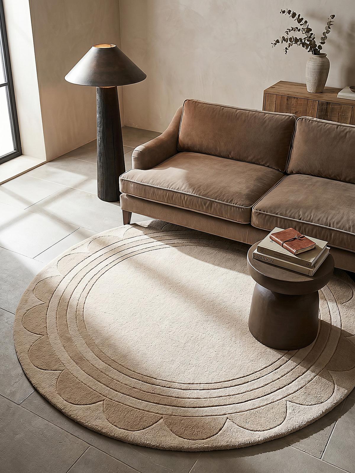 WOLLTEPPICH WENSUM, mit grafischem Muster mit Rahmen, Beige, Ø 120 cm - Beige, Textil (120/120cm) - KADIMA DESIGN