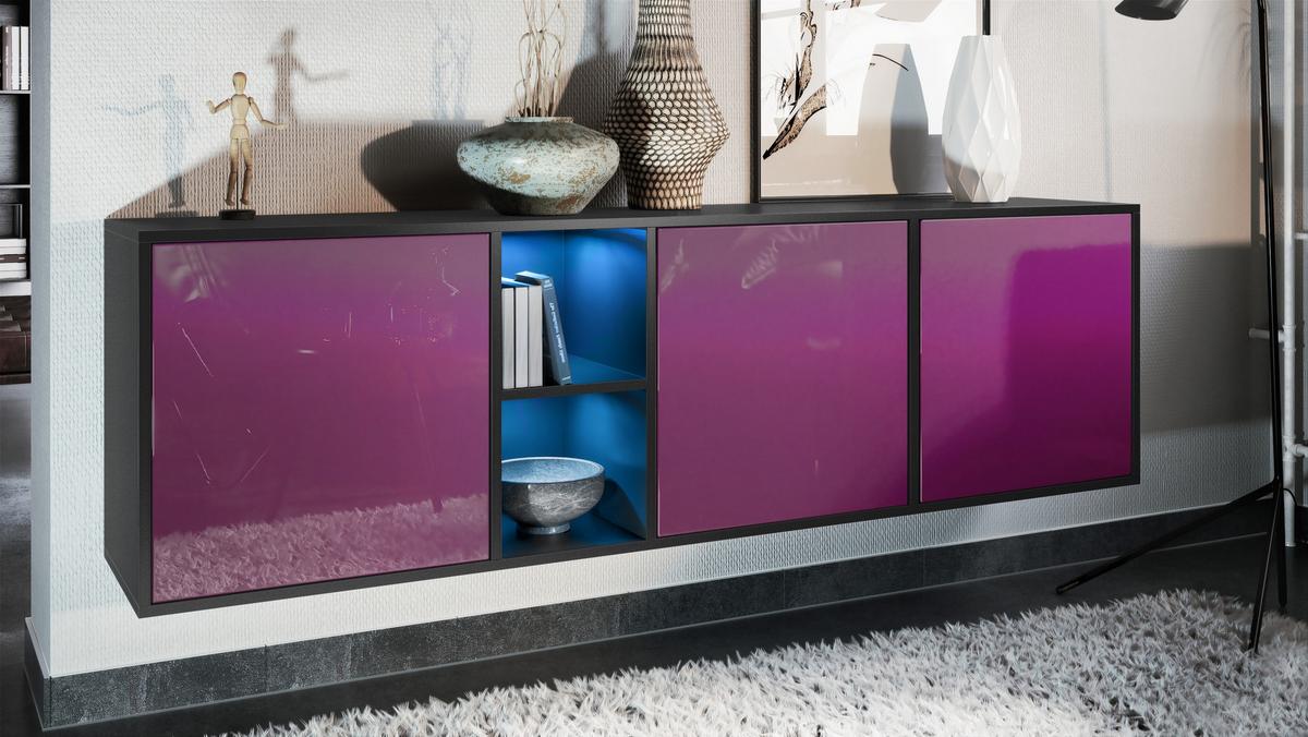 SIDEBOARD Cuba Türen in Brombeer Hochglanz - Brombeere, Holzwerkstoff (182/53/35cm) - Vladon