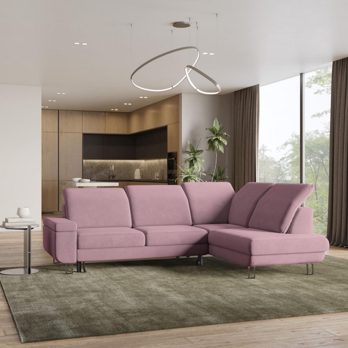 ECKSOFA LERMA R-S Lila Velours-Stoff mit Schlaffunktion - Lila/Silberfarben, Holz/Textil (253/190cm) - MASSENO