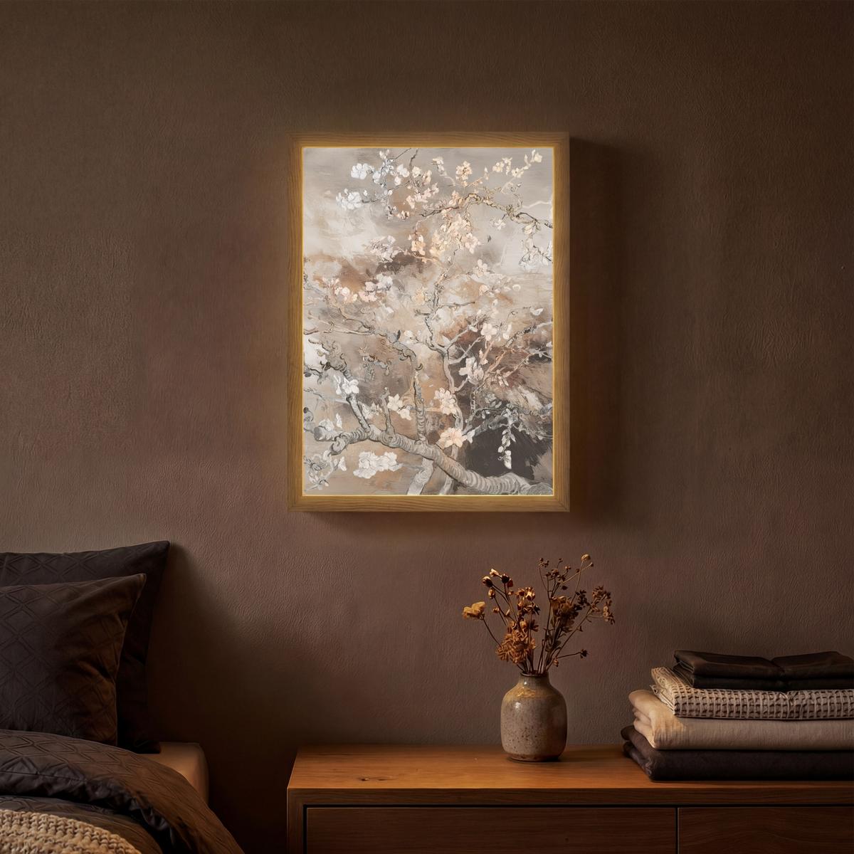 WANDLEUCHTE MIT AKKU Mandelblüte - Kunst - Van Gogh - Beige - Abstrakt 30x40 cm - Graubraun, Holzwerkstoff (30/40/8cm) - OnlyWow