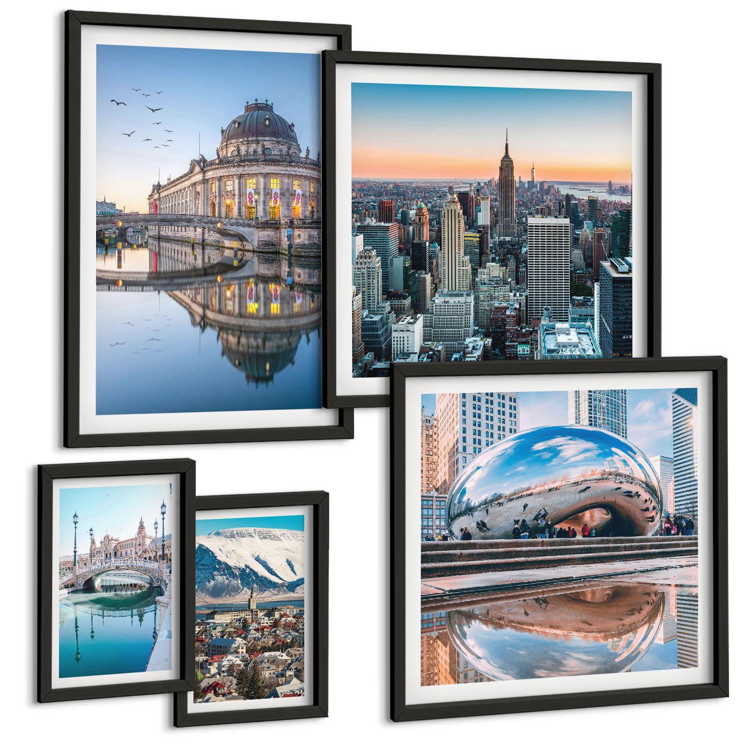 BILDER SET 5er Set - 50x50 cm & 20x30 cm & 40x60 cm Schwarzer Rahmen - Architektur von Städten am Wasser - Schwarz, Kunststoff (40/60cm) - TULUP