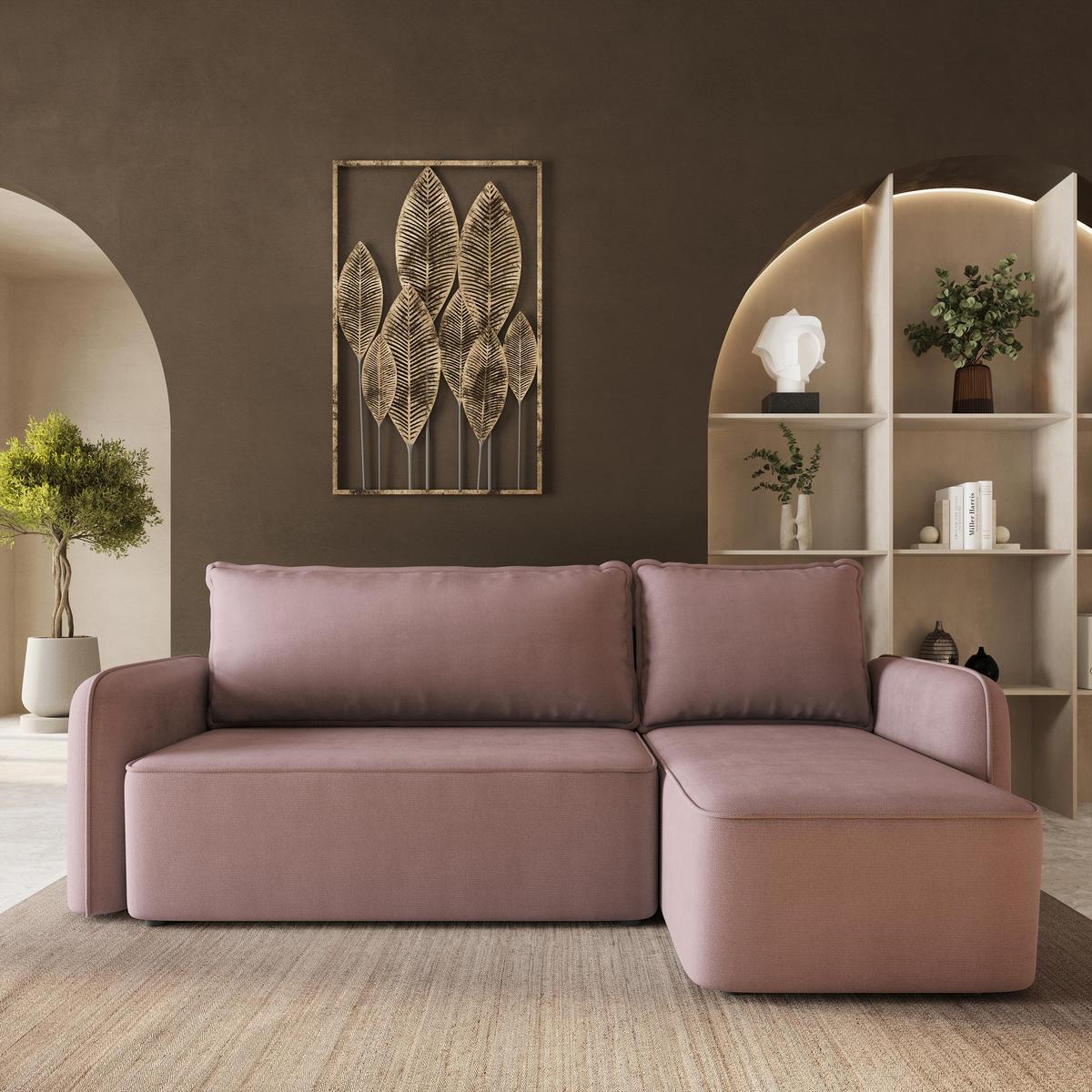 ECKSOFA DOLVER Rosa Plüsch-Stoff mit Schlaffunktion - Rosa, Holz (238/156cm) - MASSENO