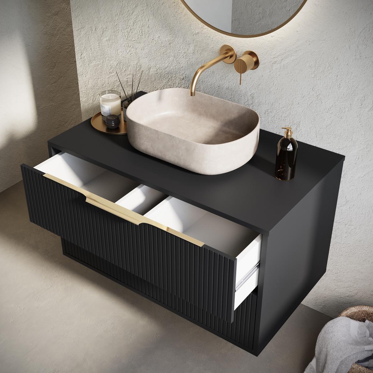 WASCHBECKENUNTERSCHRANK Rimini 2 Schubladen Schwarz Matt - 80 x 46 x 46 cm - Schwarz, Holz (80/46/46cm) - Badplaats