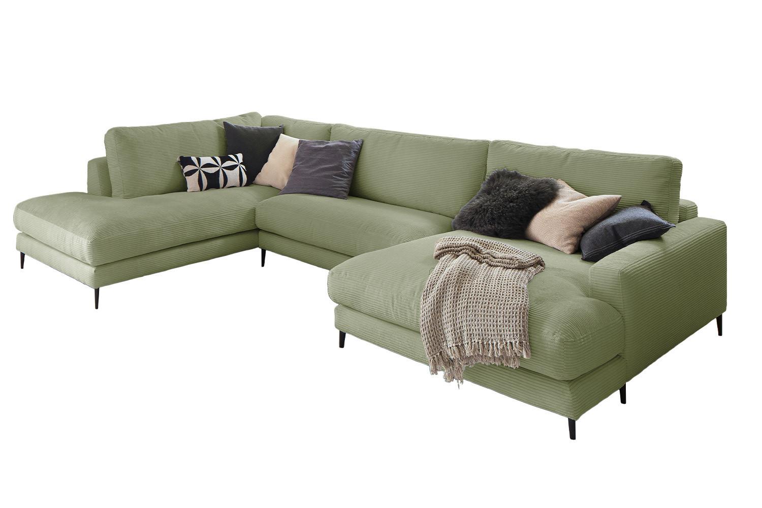 WOHNLANDSCHAFT CARA Grün Cord - Schwarz/Olivgrün, Textil (341/84/223cm) - KAWOLA