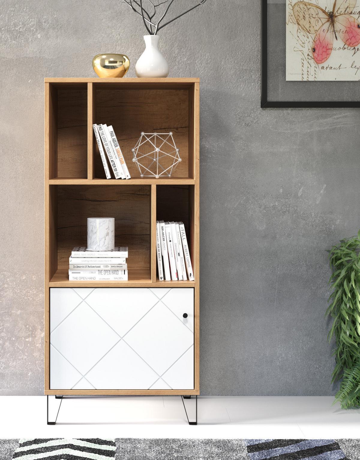REGALSCHRANK weiß matt, Eiche Artisan 63 x 136 cm, Bücherregal mit Rautenoptik - Eichefarben/Schwarz, Holzwerkstoff/Kunststoff (63/136/40cm) - Top.Furn