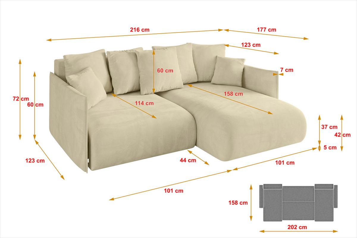ECKSOFA Ottomane rechts ONESK-L 216x177x72 Beige Velours - Taupe/Beige, Holzwerkstoff/Kunststoff (177/216cm) - ALTDECOR