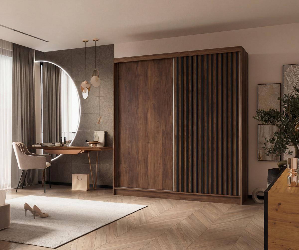 SCHWEBETÜRENSCHRANK LAMELLO 200/216/61 cm Modern Kleiderschrank 2-türig Nussbaumfarben - Nussbaumfarben, Holzwerkstoff (200/216/61cm) - MASSENO