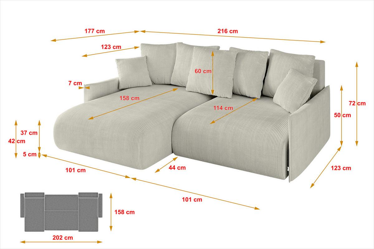 ECKSOFA Ottomane links ONESK-L -v1 216x177x72 Creme Cord - Ecru/Creme, Holzwerkstoff/Kunststoff (216/177cm) - ALTDECOR