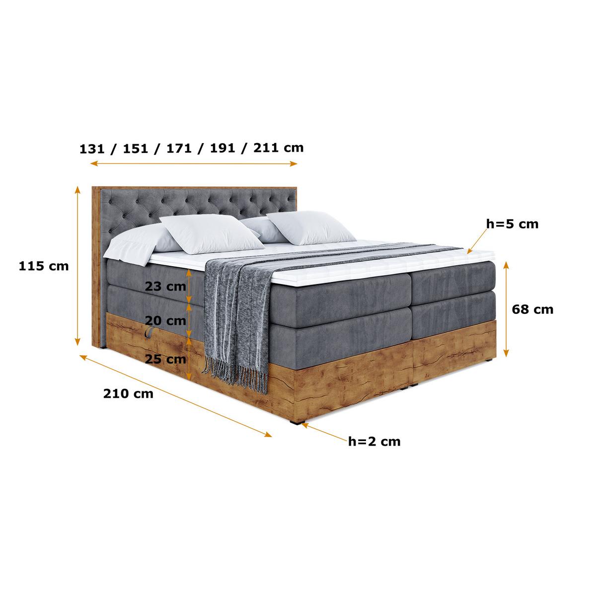 BOXSPRINGBETT mit Matratze H3|H4 und Lattenrost - LOLLI3 KING-140x200 - Dunkelgrau Casablanca - Dunkelgrau, Holzwerkstoff (140/200cm) - ALTDECOR