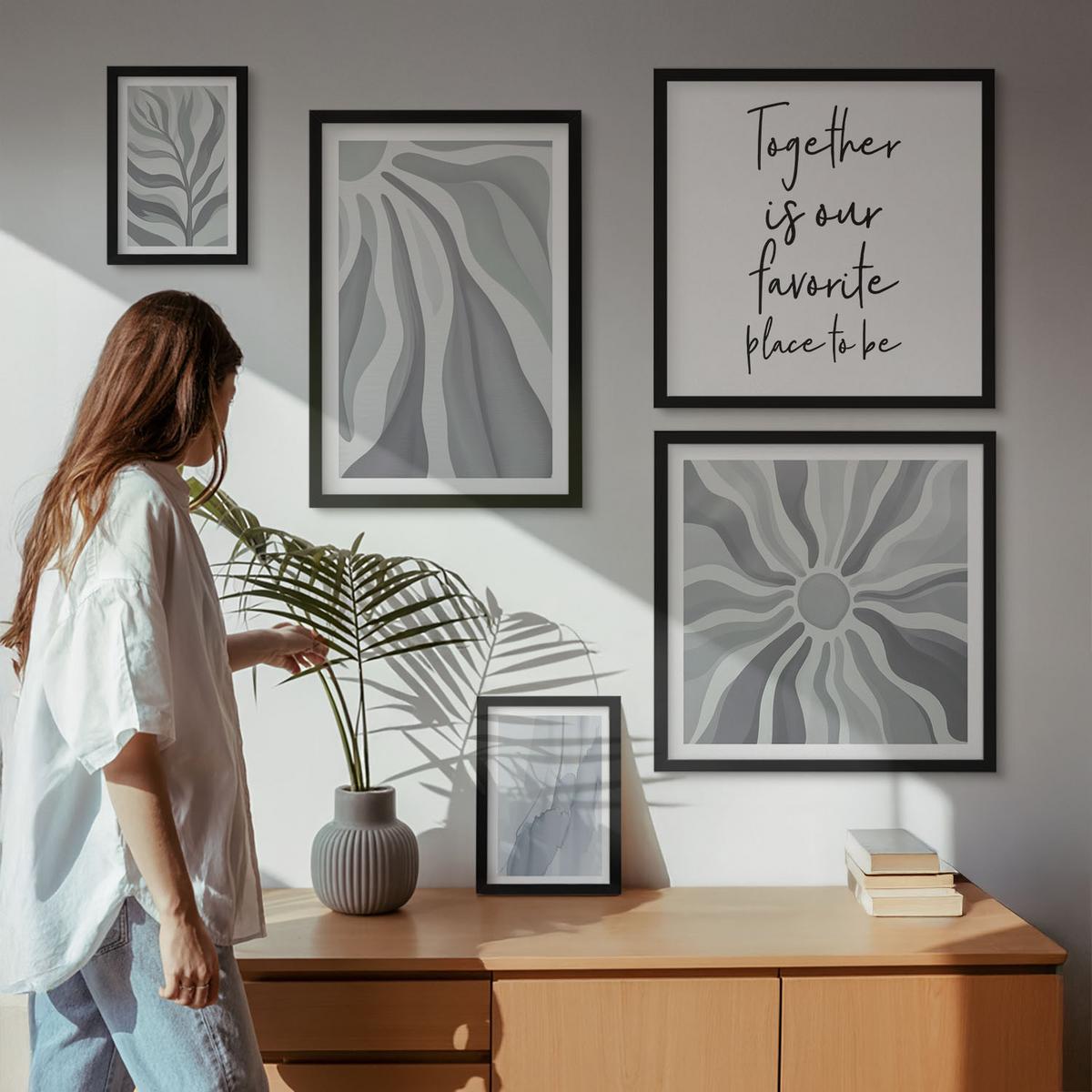 BILDER SET 5er Set - 50x50 cm & 20x30 cm & 40x60 cm Schwarzer Rahmen - Illustrationen mit floralen Pastellmustern - Schwarz, Kunststoff (40/60cm) - TULUP