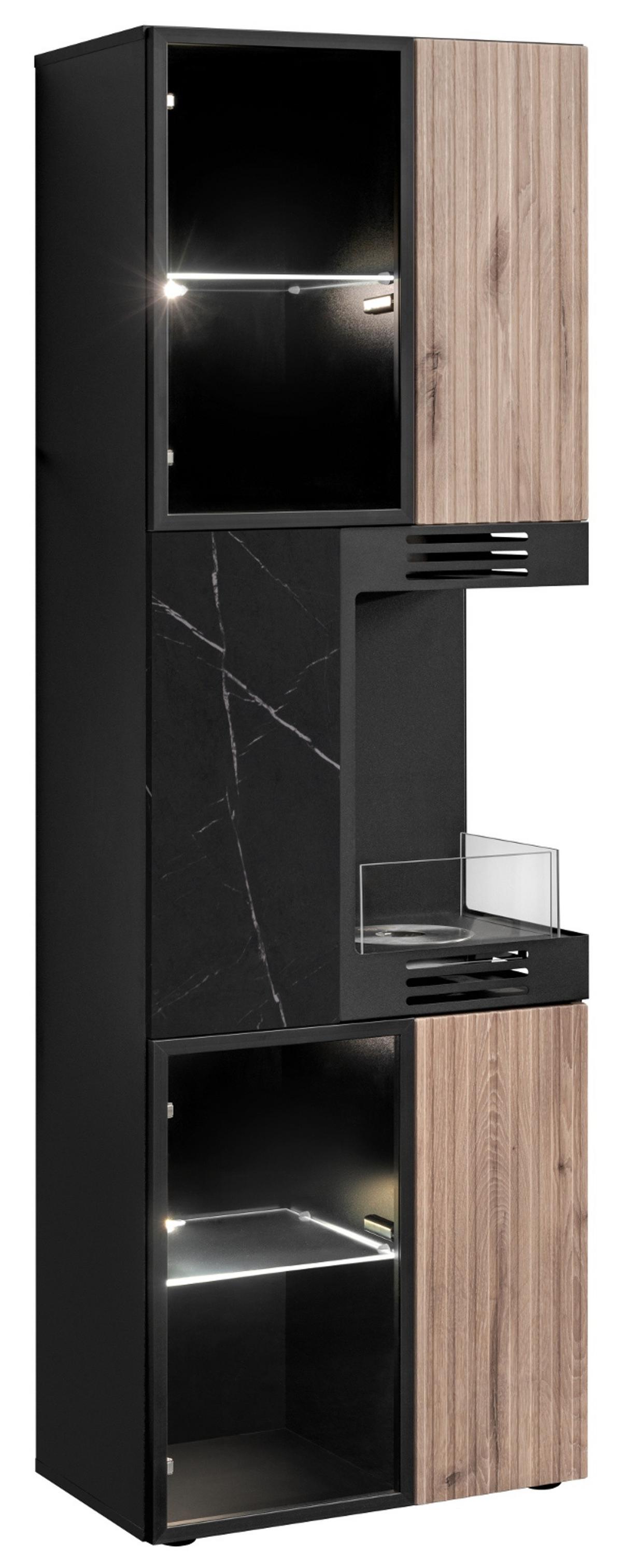 WOHNWAND Eiche, Marmor schwarz 300 cm, Anbauwand inklusive Ethanol Kamin - Eichefarben/Schwarz, Glas/Holzwerkstoff (300/182/45cm) - Inn.Furn
