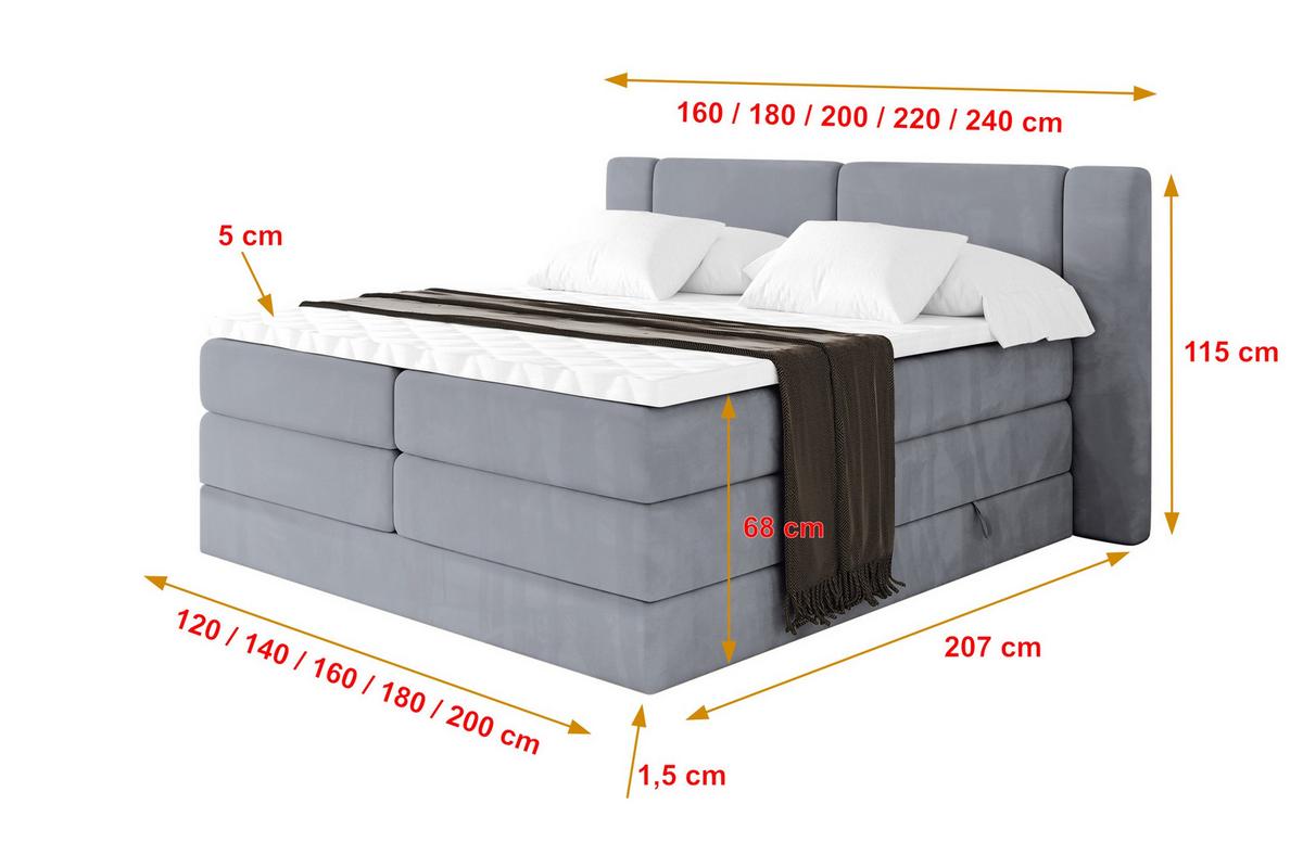 BOXSPRINGBETT mit Matratze H3/H4 - EVON KING - 180x200 cm Grau - Grau, Holzwerkstoff (180/200cm) - ALTDECOR