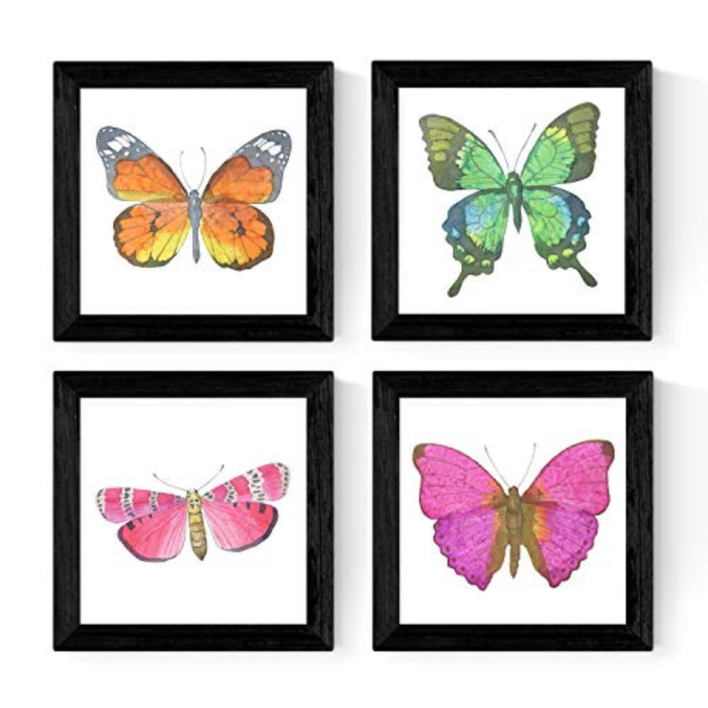 POSTER Set mit 4 Schmetterlinge 25x25 cm Schwarzer Rahmen - Schwarz, Papier (25/3cm) - Nacnic