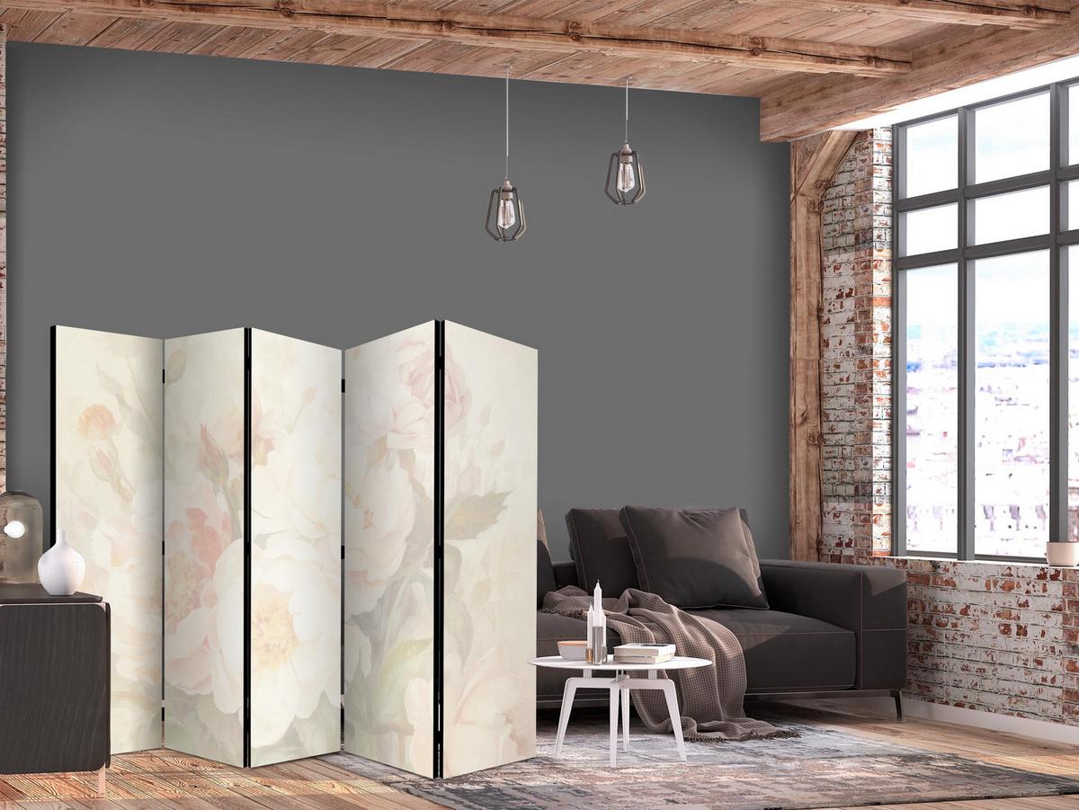 PARAVENT Akustik 5-tlg 225x172 cm Pfingstrosen Blumen - Beige, Holz/Textil (225/172/3cm) - Muralo
