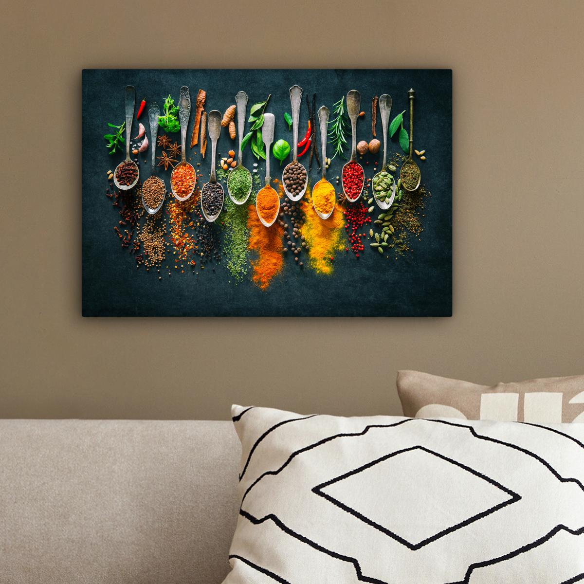 LEINWANDBILD Kräuter - Gewürze - Löffel Deko Schlafzimmer 30x20 cm - Currygelb, Textil (30/20cm) - MuchoWow