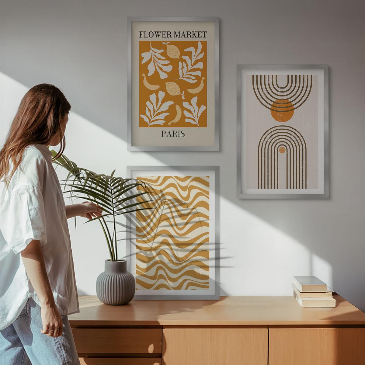 BILDER SET 3er Set - 40x60 cm Silberner Rahmen - Poster mit geometrischen Pflanzenmustern - Silberfarben, Kunststoff (40/60cm) - TULUP