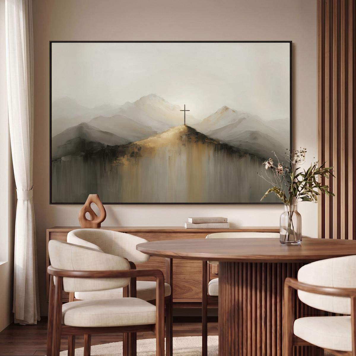 LEINWAND Bilder mit Rahmen - Hügel - Abstrakt - Kreuz - Christentum - 150x100 - Beige, Textil (150/100cm) - MuchoWow