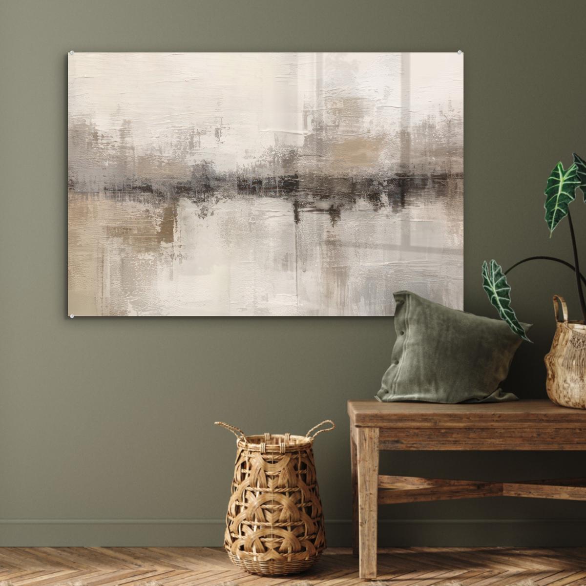 ACRYLGLASBILD Moderne Kunst - Abstrakt - Beige Wandbild Schlafzimmer 120x80 cm - Beige, Glas (120/80cm) - MuchoWow