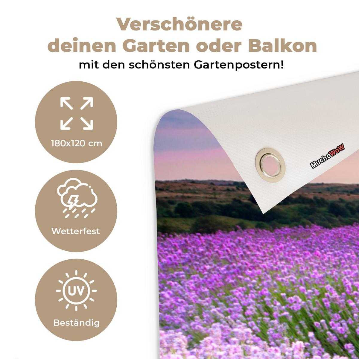 GARTENPOSTER Blumen - Lavendel - Lila - Himmel - Sonnenuntergang - Wiese - Natur Poster für draußen 180x120 cm - Flieder, Kunststoff (180/120/0.2cm) - OnlyWow