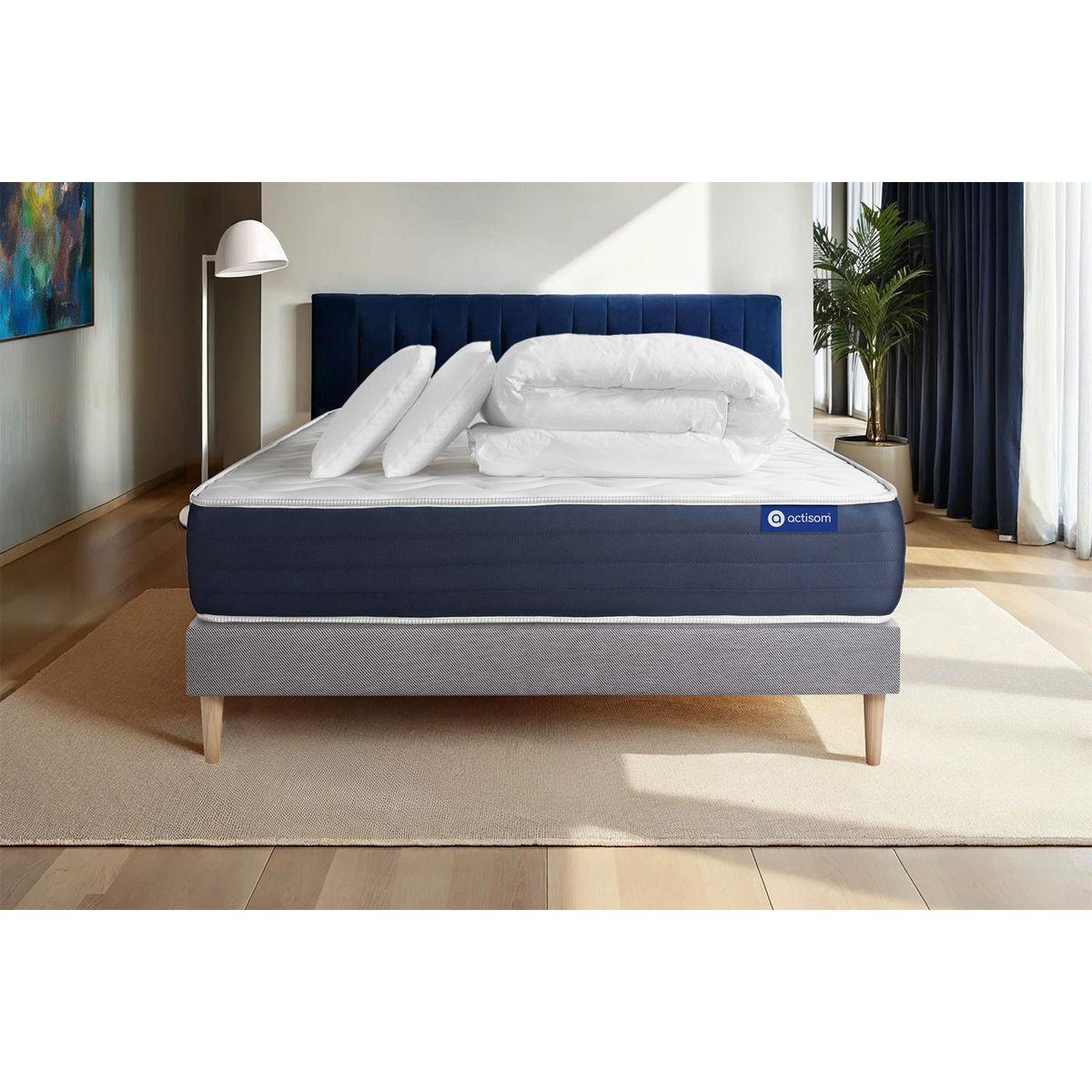 BETT Actilatex sleep Latex und Memory-Schaum 140 x 200 cm h1 - Kit Bettgestell Grau - Mit Kissen und Bettdecke - Beige/Grau, Karton/Holz (140/200cm) - ACTISOM