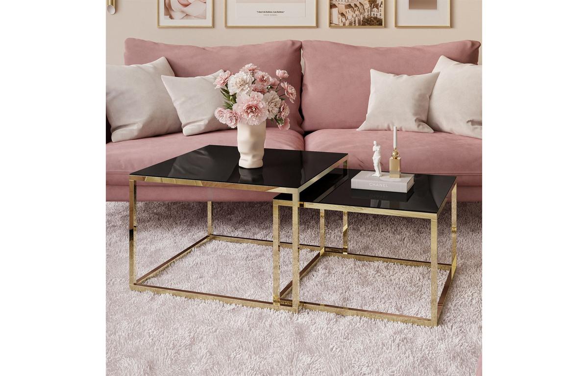 COUCHTISCH YOSHI 2in1 70/70/41 cm Gold chrom / Schwarzes Glas - Schwarz, Glas/Metall (70/70/41cm) - Lookway