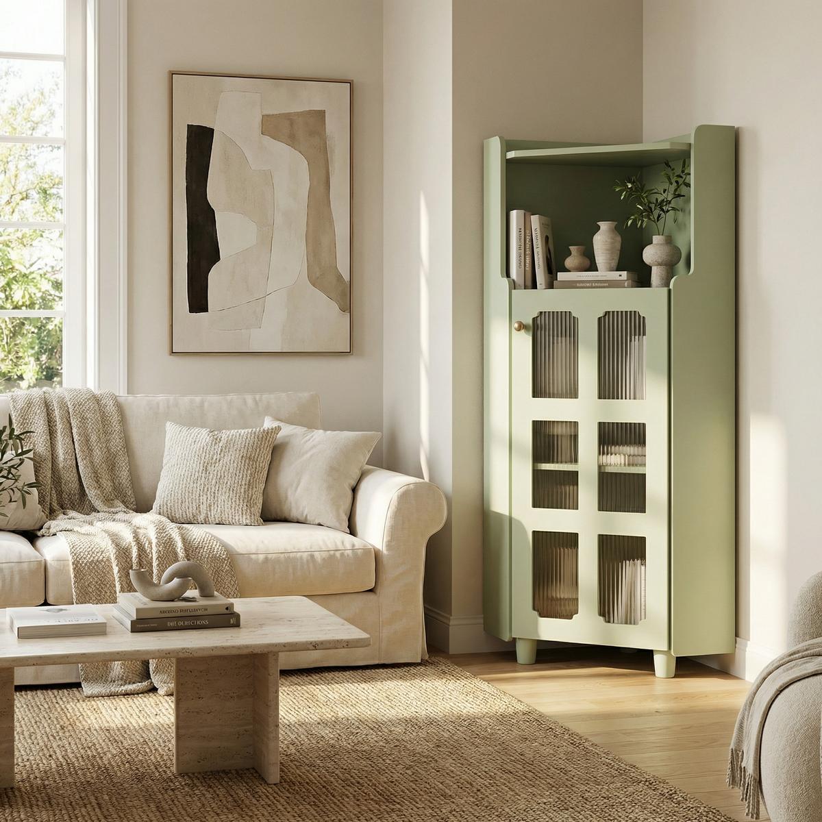 ECKSCHRANK in Grün lackiert mit App-gesteuerter LED & Glasvitrine - Mintgrün, Holzwerkstoff (63/124/45cm) - Urban Meuble