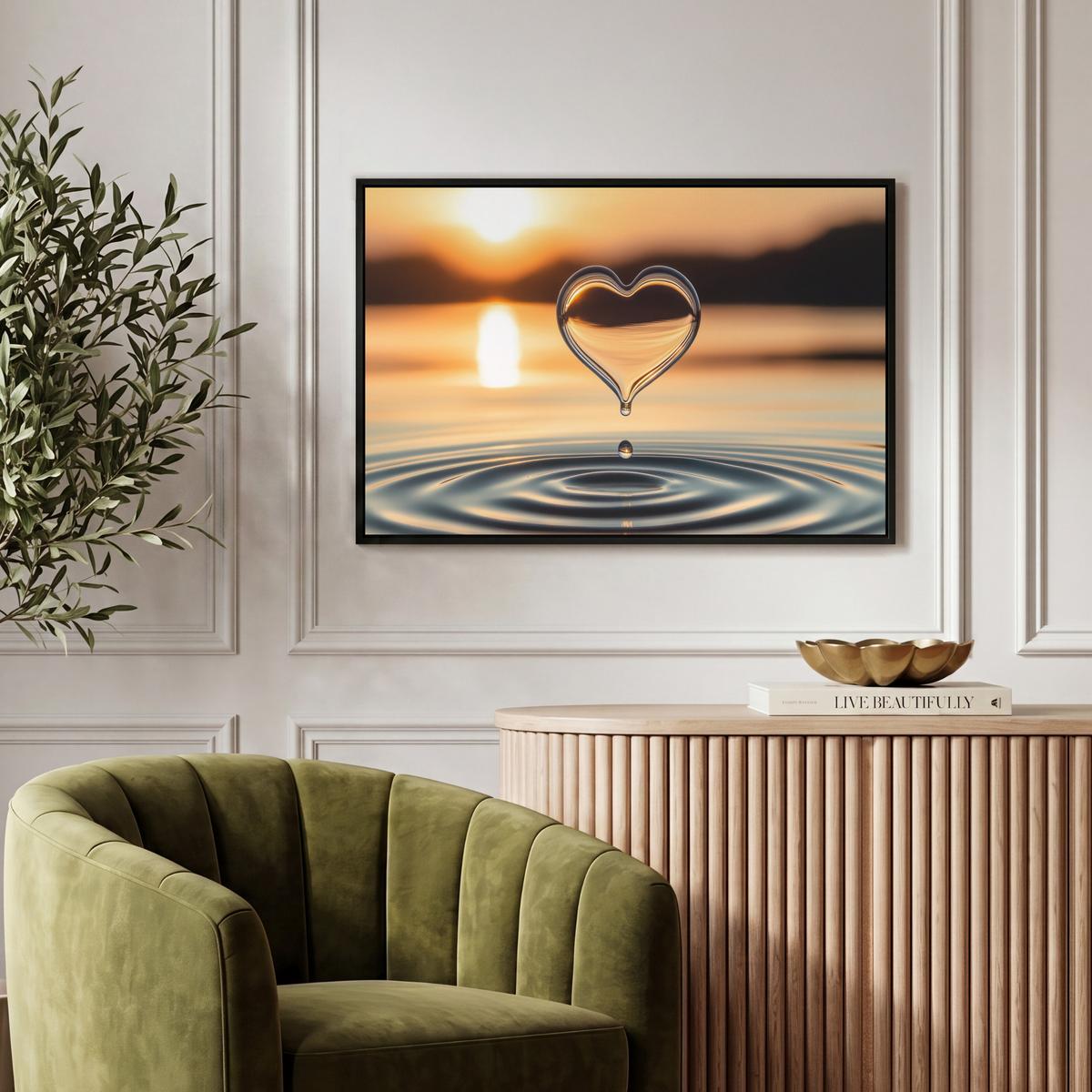 LEINWAND Bilder mit Rahmen - Herz - Wasser - Sonnenuntergang - Natur - Zen - 60x40 - Bernsteinfarben, Textil (60/40cm) - MuchoWow