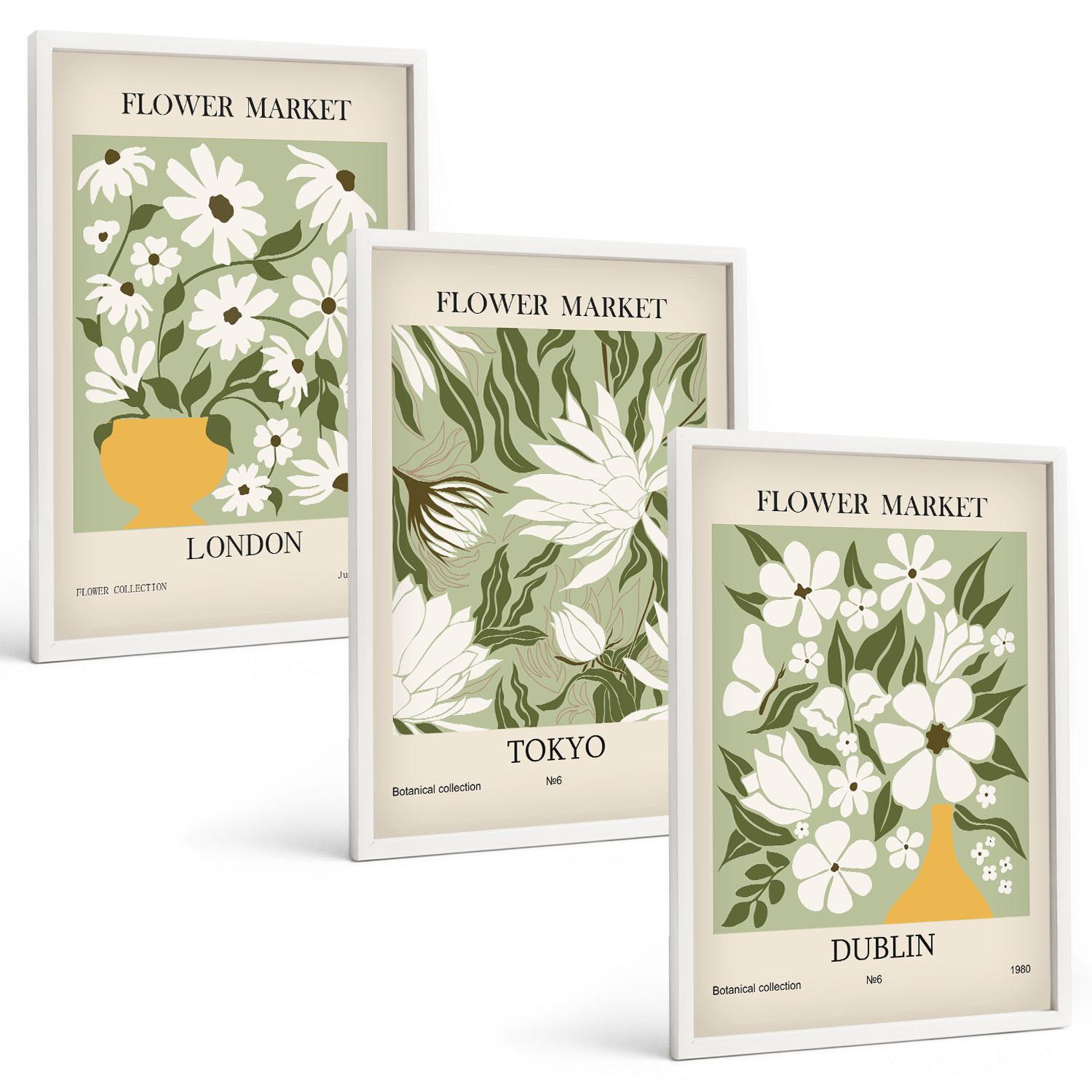 BILDER SET 3er Set - 40x60 cm Weißer Rahmen - Blumenmuster London Tokio Dublin - Weiß, Kunststoff (40/60cm) - TULUP