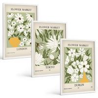 BILDER SET 3er Set - 40x60 cm Weißer Rahmen - Blumenmuster London Tokio Dublin - Weiß, Kunststoff (40/60cm) - TULUP