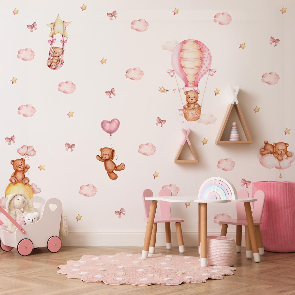 WANDSTICKER Teddybären rosa Wolken Sterne Ballons 120x60 - Gelb/Beige, Papier (120/60/1cm) - Muralo