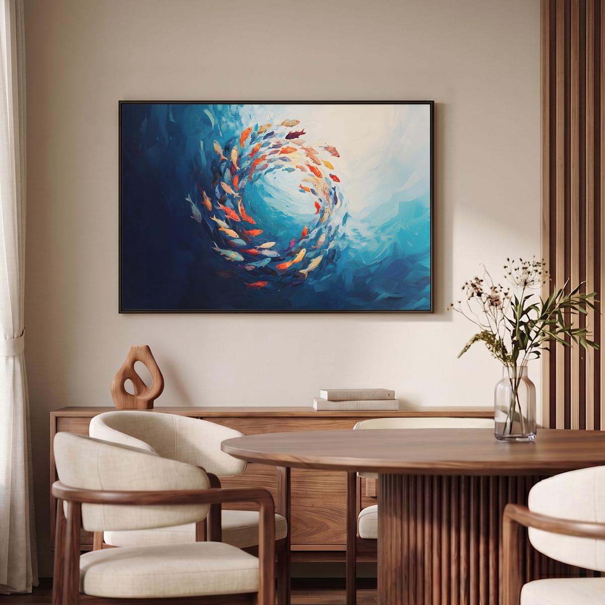 LEINWAND Bilder mit Rahmen - Meer - Fische - Bunt - Dynamisch - 90x60 - Hellblau, Textil (90/60cm) - MuchoWow