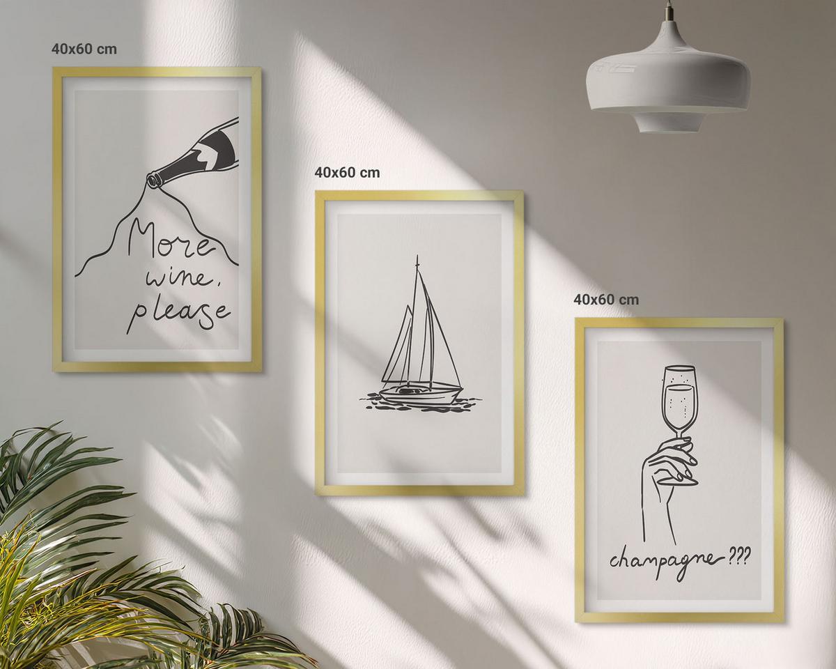 BILDER SET 3er Set - 40x60 cm Goldrahmen - Weinsegelboot-Glas-Linienzeichnung - Goldfarben, Kunststoff (40/60cm) - TULUP