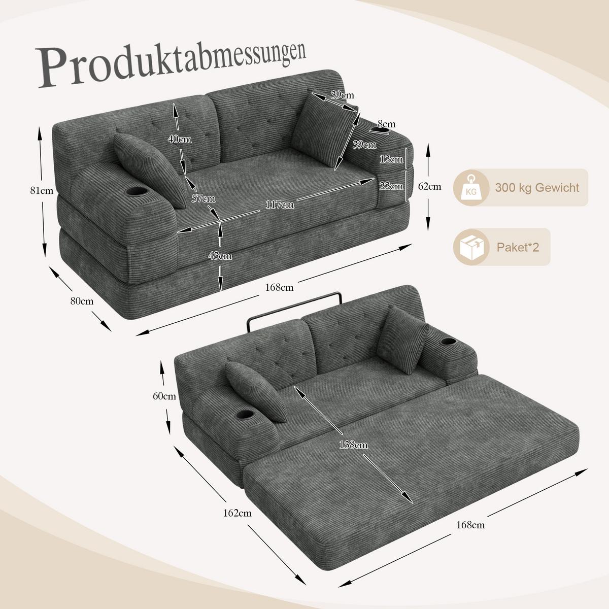 SCHLAFSOFA 2-Sitzer Cord mit Schlaffunktion, Getränkehalter & Taschen - Dunkelgrau, Textil (168/81/80cm) - Urban Meuble