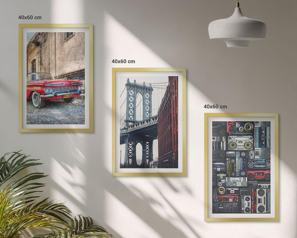 BILDER SET 3er Set - 40x60 cm Goldrahmen - Alte Autobrücke Brooklyn Retro-Audio - Goldfarben, Kunststoff (40/60cm) - TULUP