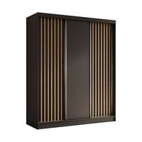 KLEIDERSCHRANK mit furnierten Schiebetüren und Aluminium-Leisten, LED-Beleuchtung - LABELO - 180 cm Schwarz+Schwarz+Artisan - Schwarz/Eiche Artisan, Holzwerkstoff (180/216/61cm) - ALTDECOR