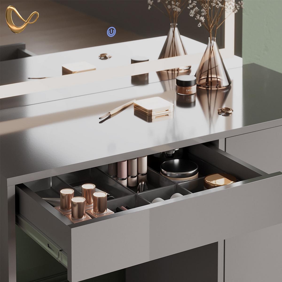 SCHMINKTISCH Imola Grau mit LED Spiegel und Hocker - Grau, Holzwerkstoff (90/75/40cm) - Livinity®
