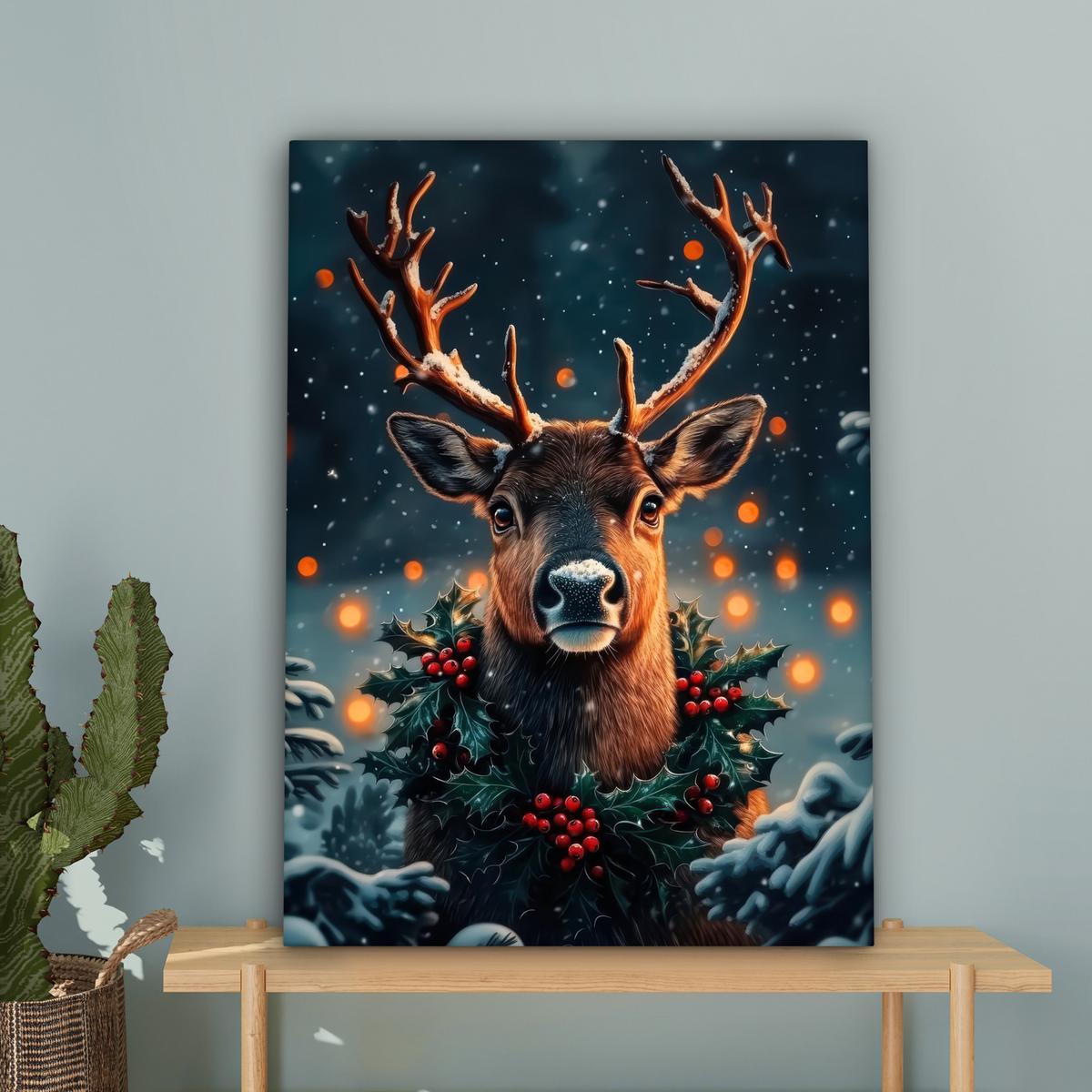 LEINWANDBILD Hirsch - Weihnachten - Winter - Schnee - Weihnachtskranz Wandbild Wohnzimmer 60x80 cm - Dunkelbraun, Textil (60/80cm) - MuchoWow
