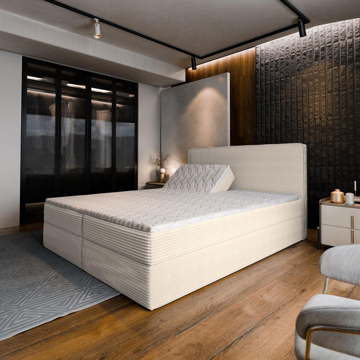 BOXBETT ASTOR 180x200 cm mit Matratze und Topper - Creme - Creme, Holz (180/200cm) - MASSENO