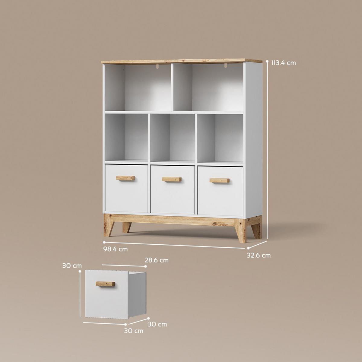 KINDERREGAL Mailo Weiß/Artisan 98.4 x 113.4 cm XL mit 3 Schubladen - Weiß/Eiche Artisan, Holzwerkstoff (98.4/113.4/32.6cm) - Livinity®