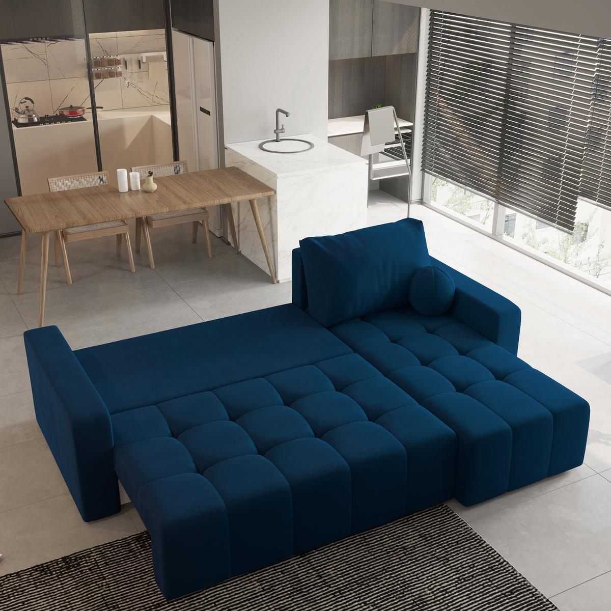 ECKSOFA VOLIRA Blau Plüsch-Stoff mit Schlaffunktion - Blau, Holz (230/143cm) - MASSENO