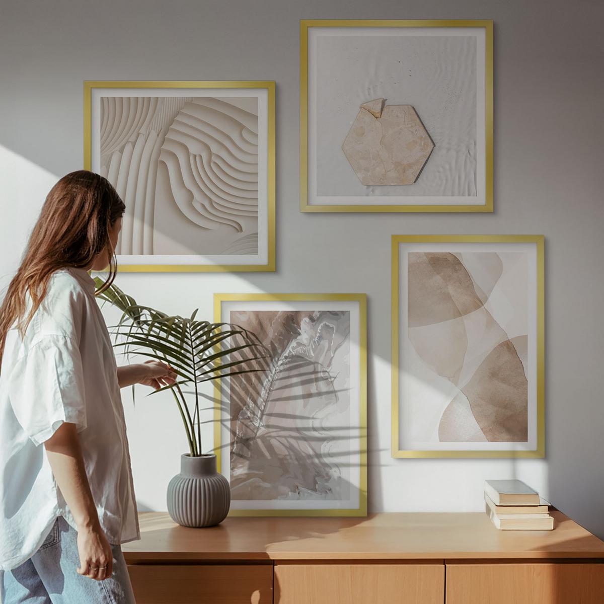 BILDER SET 4er Set - 50x50 cm & 40x60 cm Goldrahmen - Abstrakte bemalte Strukturen - Goldfarben, Kunststoff (50/50cm) - TULUP