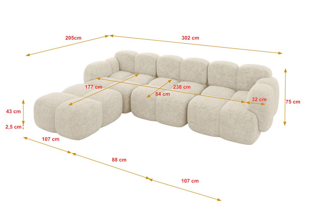 ECKSOFA modulares Sofa Links Miko-L2 302x205x75 Creme Velours - Creme/Schwarz, Holzwerkstoff/Kunststoff (302/205cm) - ALTDECOR