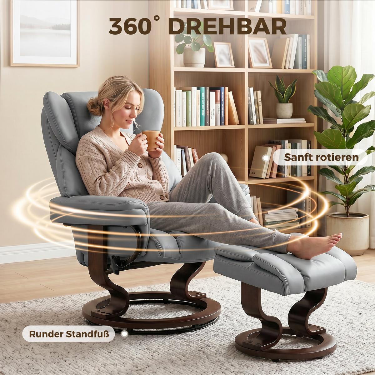 RELAXSESSEL-MIT-FUSSHOCKER PU Leder Hellgrau - Hellgrau/Braun, Holz/Kunststoff (79/100/80cm) - HOMCOM