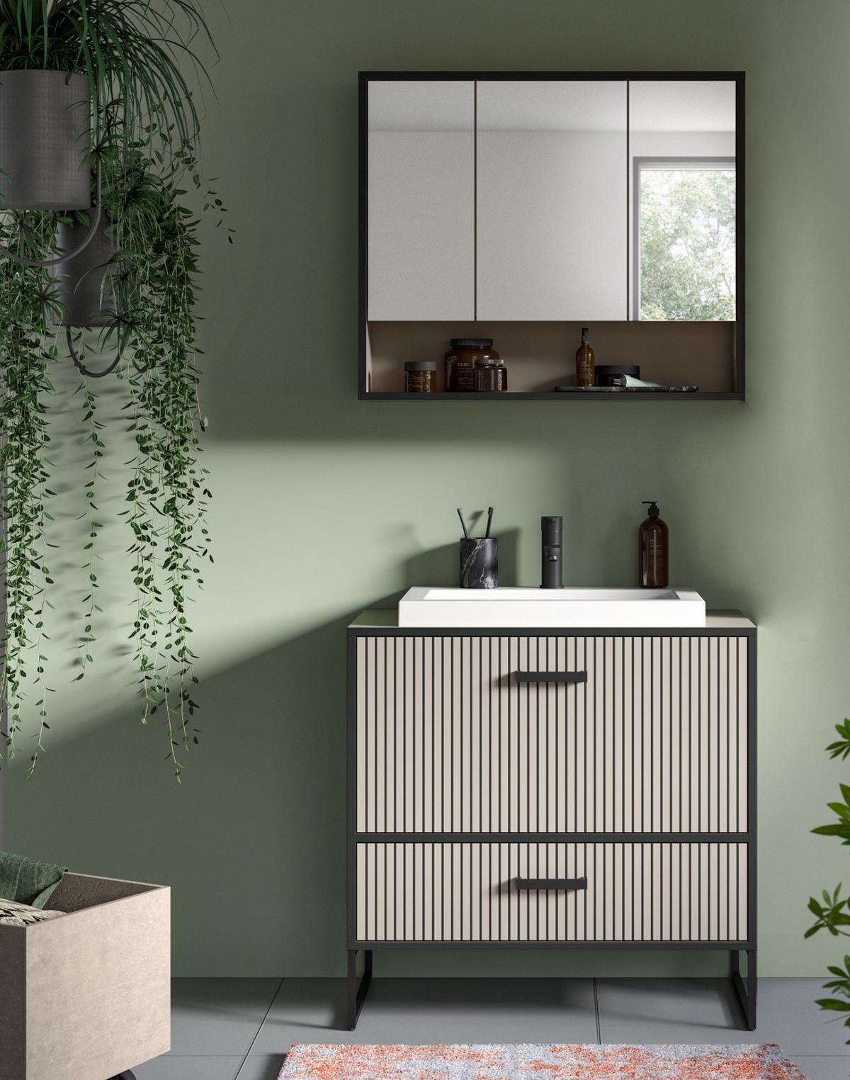 BADMÖBEL-SET schwarz, sand mit Waschbecken 80 cm, Kombination mit Soft-Close - Sandfarben/Schwarz, Glas/Keramik (80/192/48cm) - Inn.Furn