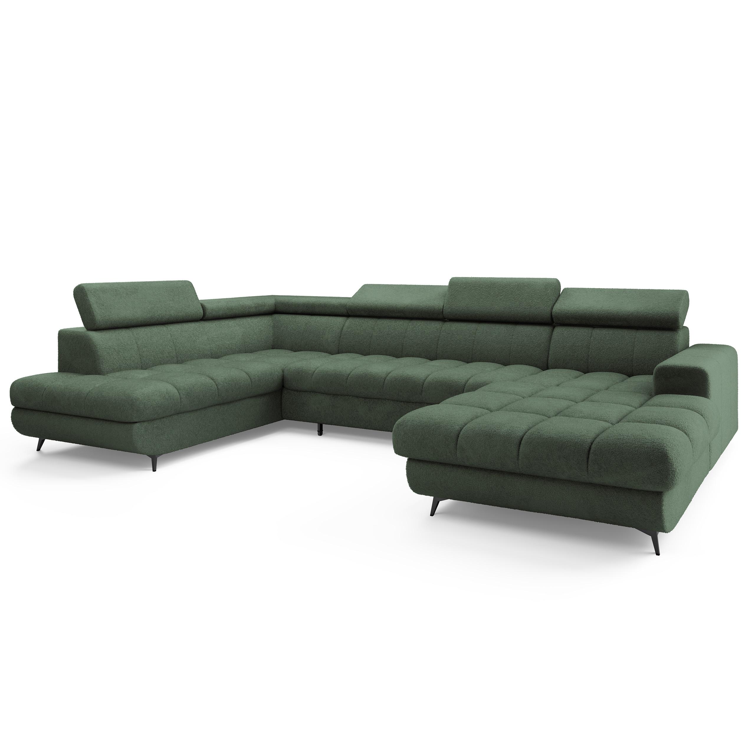WOHNLANDSCHAFT CORENO Grün Boucle-Stoff mit Schlaffunktion - Grün, Holz (345/88/190cm) - MASSENO