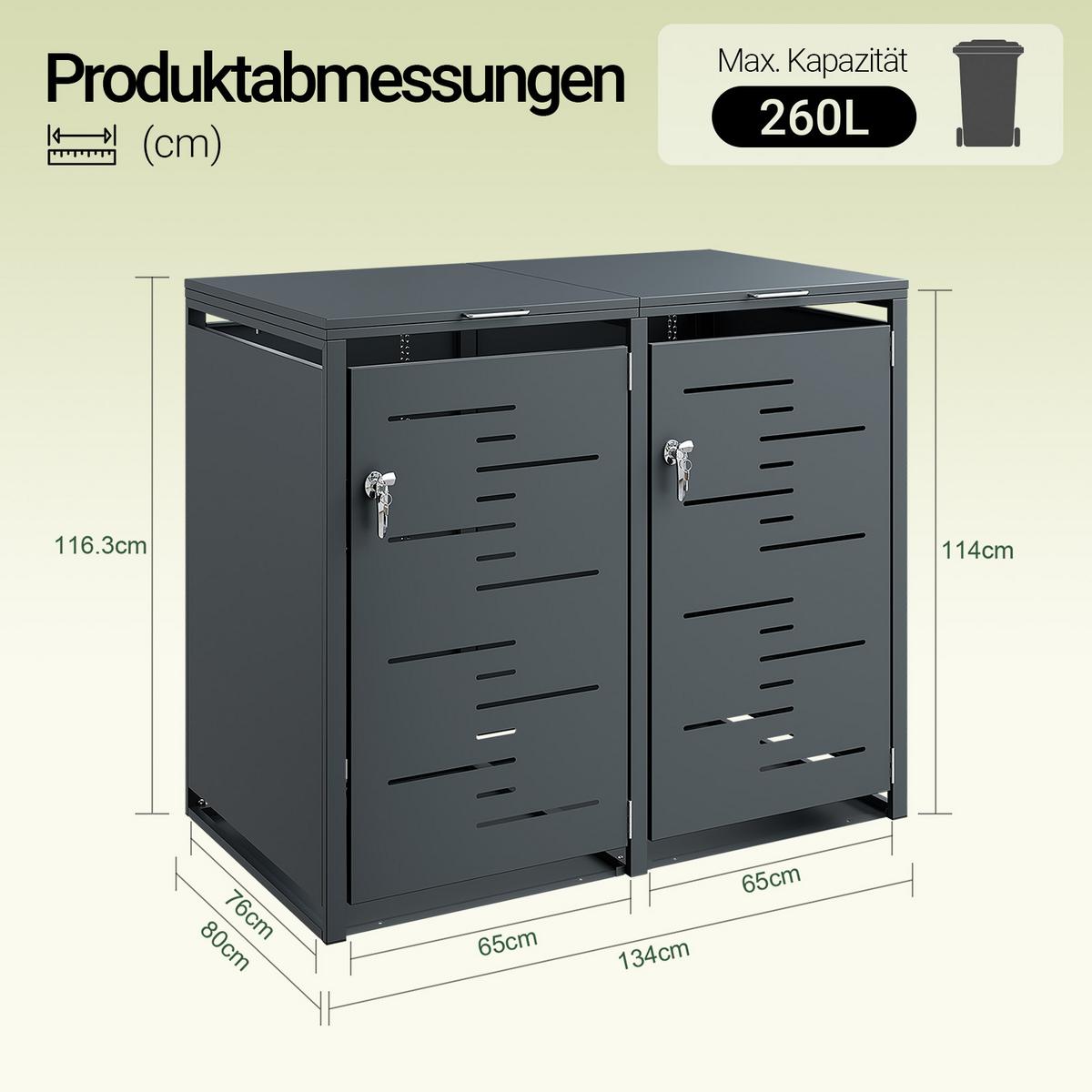 MÜLLTONNENBOX 2er 480L Metall Mülltrennung 134,2x116,2x80,2 cm - Dunkelgrau, Metall (134/116/80cm) - SoBuy