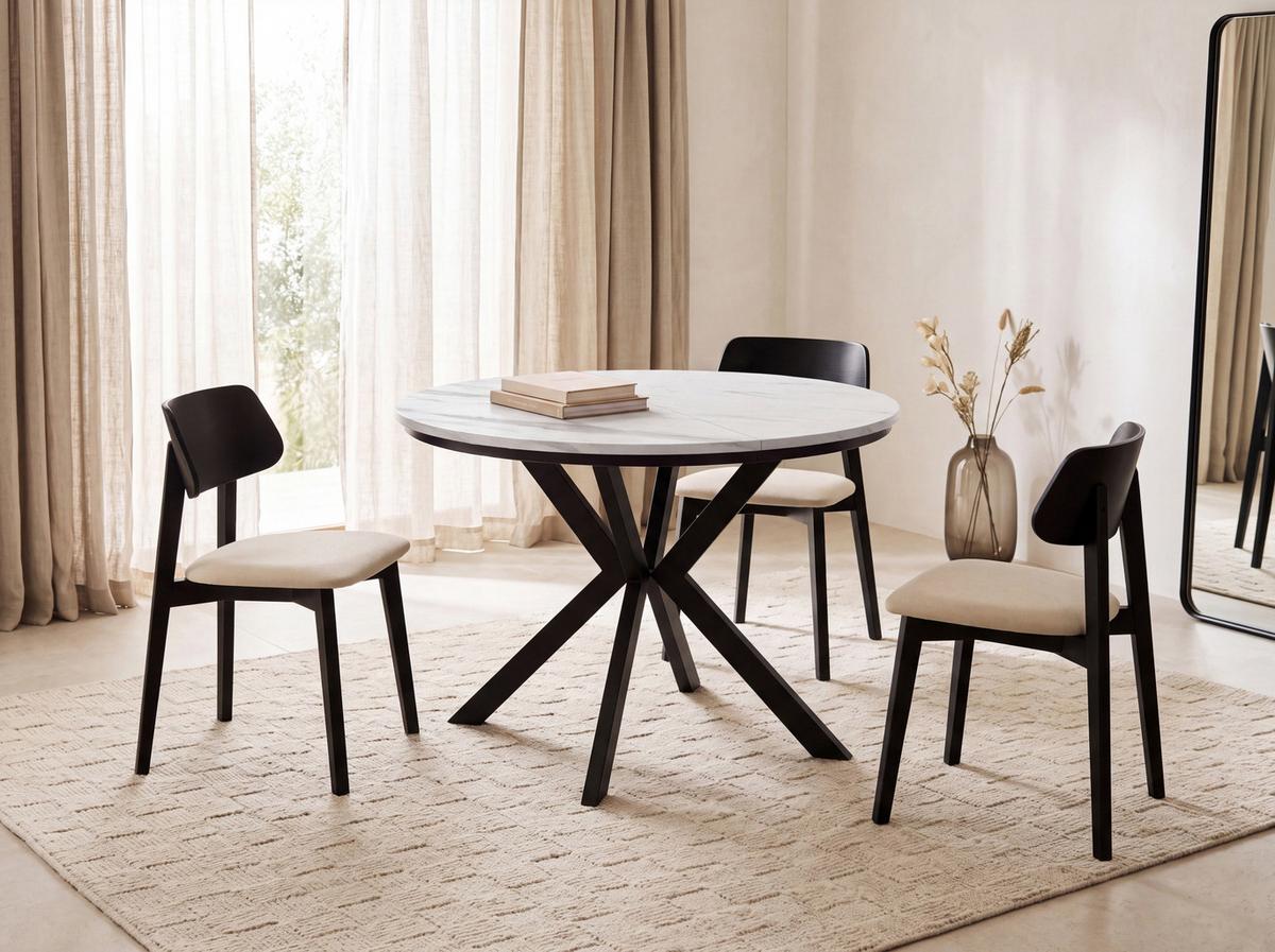 ESSTISCH Valio rund oval ausziehbar verlängerbar mit schwarzen Metallbeinen, Marmor Weiß 100-140/100/76 cm - Ecru/Schwarz, Holzwerkstoff/Metall (100/140/76cm) - WFL GROUP