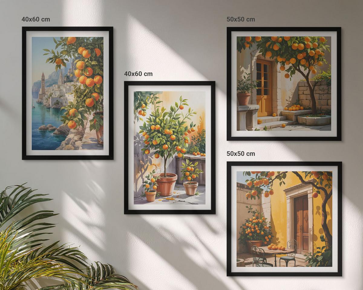 BILDER SET 4er Set - 50x50 cm & 40x60 cm Schwarzer Rahmen - Gemalte Zitruslandschaften - Schwarz, Kunststoff (50/50cm) - TULUP